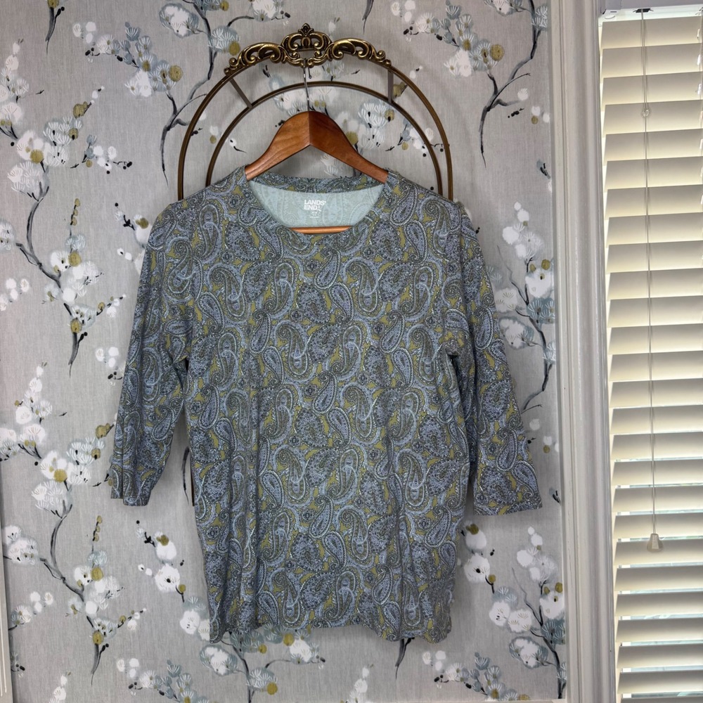 Lands End Womens 10-12 M Blue Olive Paisley 100% Cotton 3/4 Sleeve Knit Top